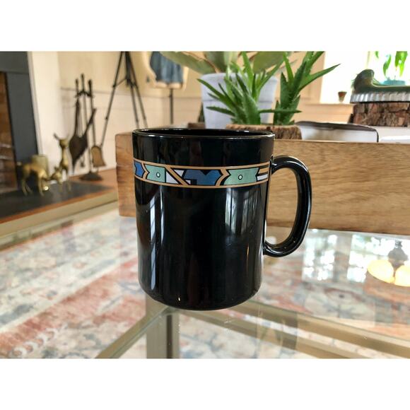 France Arcoroc Coffee Mug, Black Abstract Print Art Cup, Vintage Black French - Picture 1 of 10